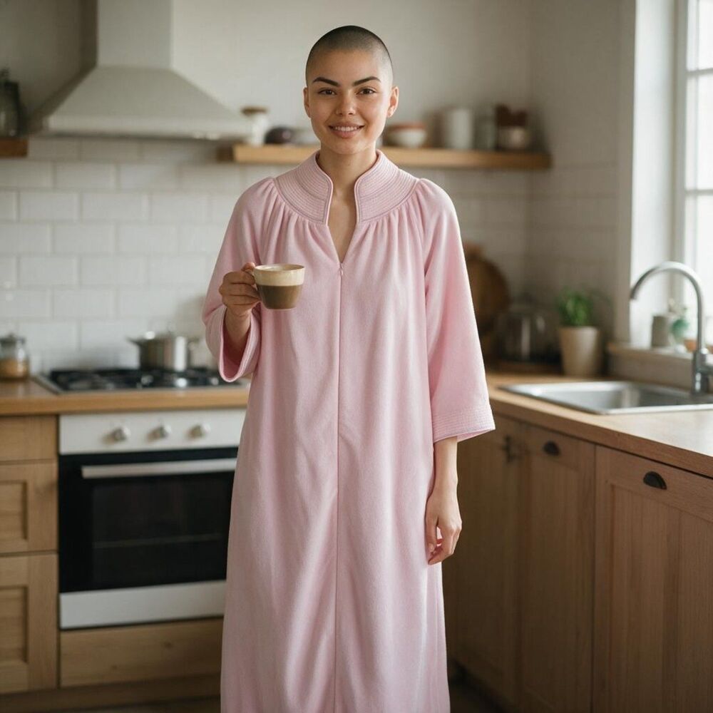Vintage Evelyn Pearson Pink Velour Half Zip Loungewear Maxi Robe Kaftan Pockets